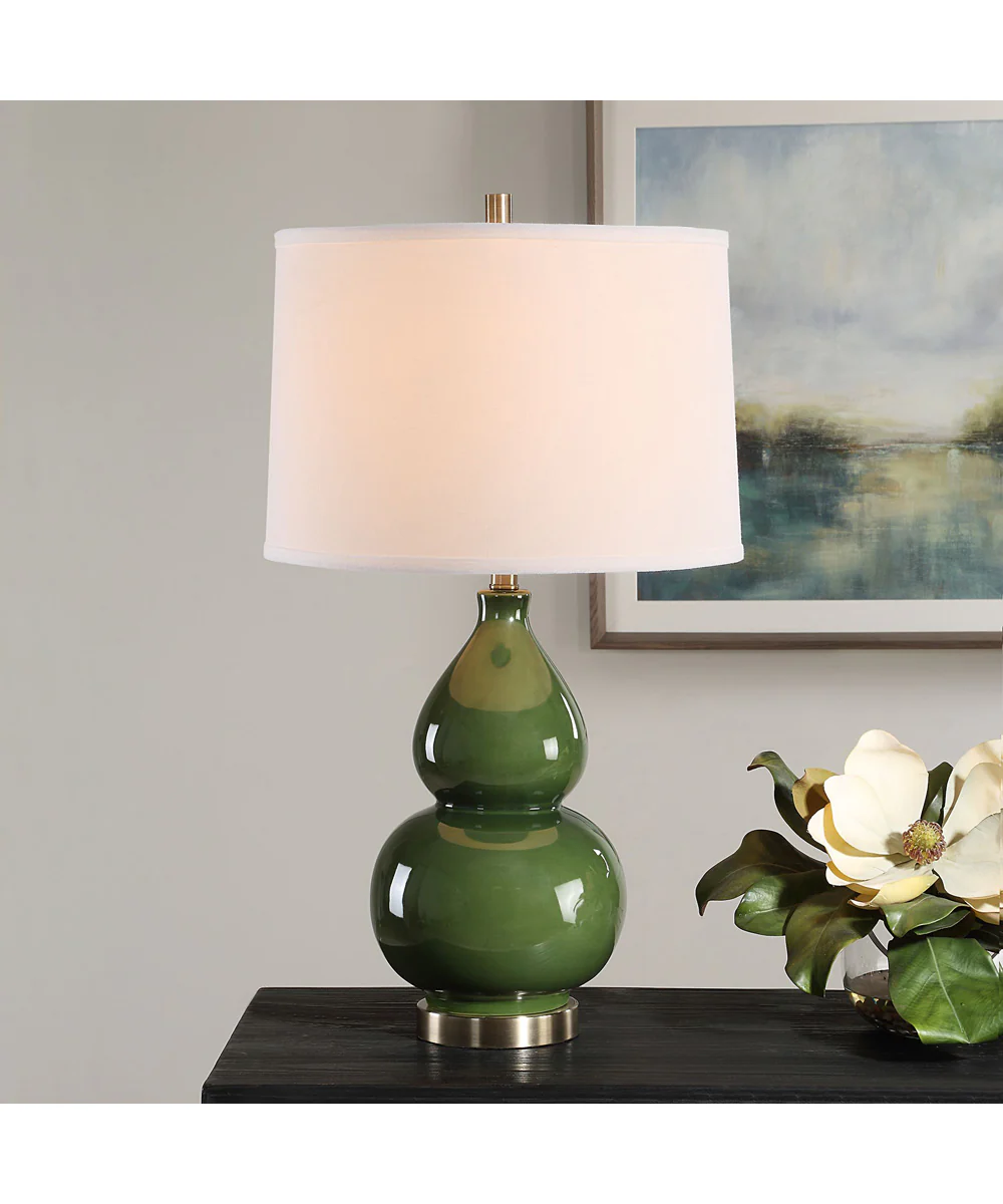 Ceramic Gourd Table Lamp with Dark Green Glaze with White Linen - Image 2