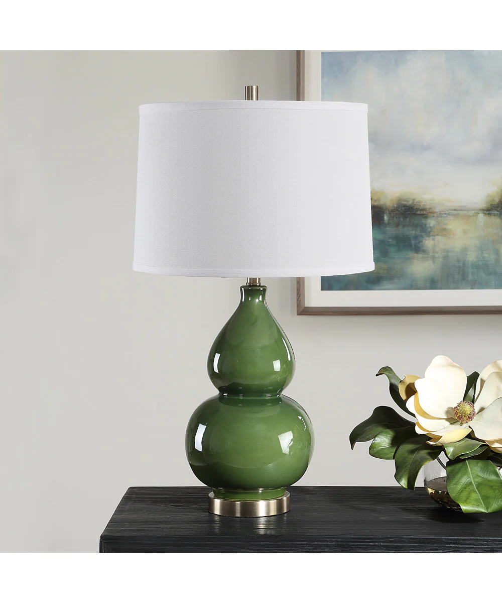Ceramic Gourd Table Lamp with Dark Green Glaze with White Linen - Image 3