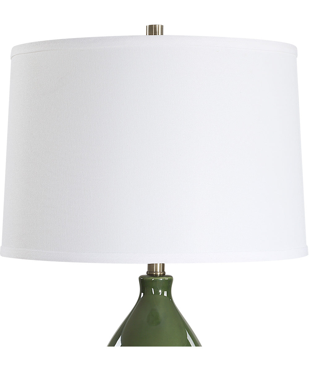 Ceramic Gourd Table Lamp with Dark Green Glaze with White Linen - Image 5