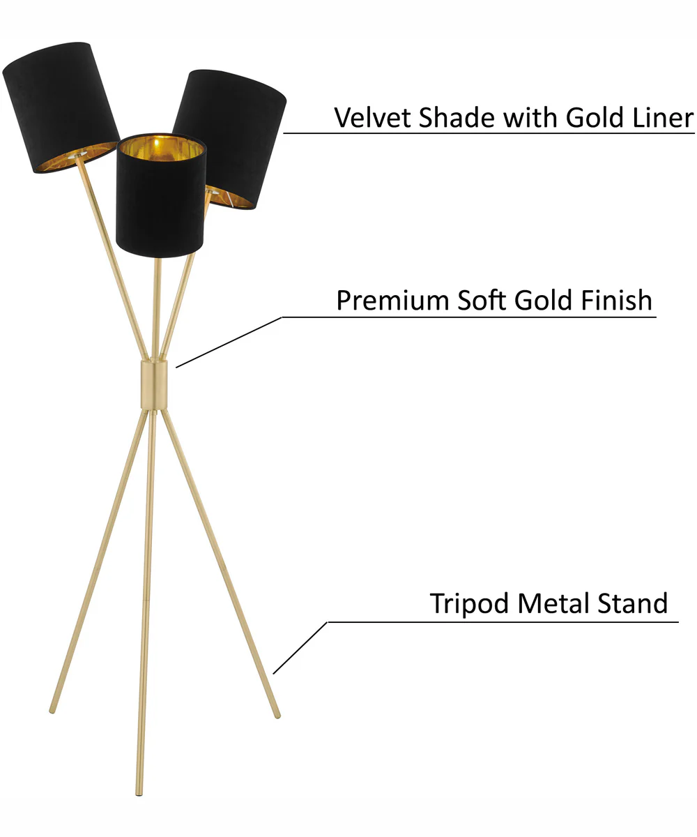 Crisanta 3-Light 3-Light Floor Lamp Gold/Black Velvet Shade - Image 5