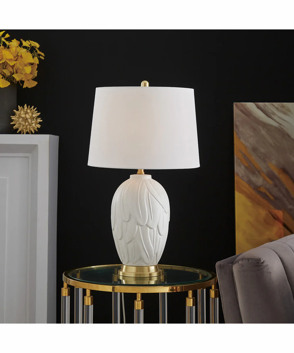 Farida 1-Light Table Lamp Antique Brass/White Ceramichrome/ White Fabric Shade - Image 3