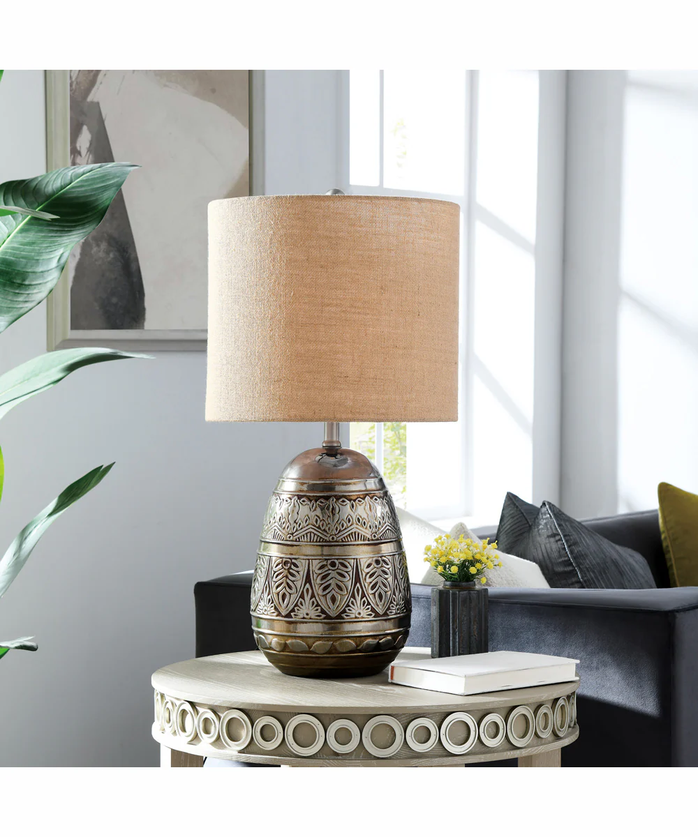 Hinata 1-Light Table Lamp Aged Bronze Ceramichrome/ Burlap Fabric Shade - Image 3