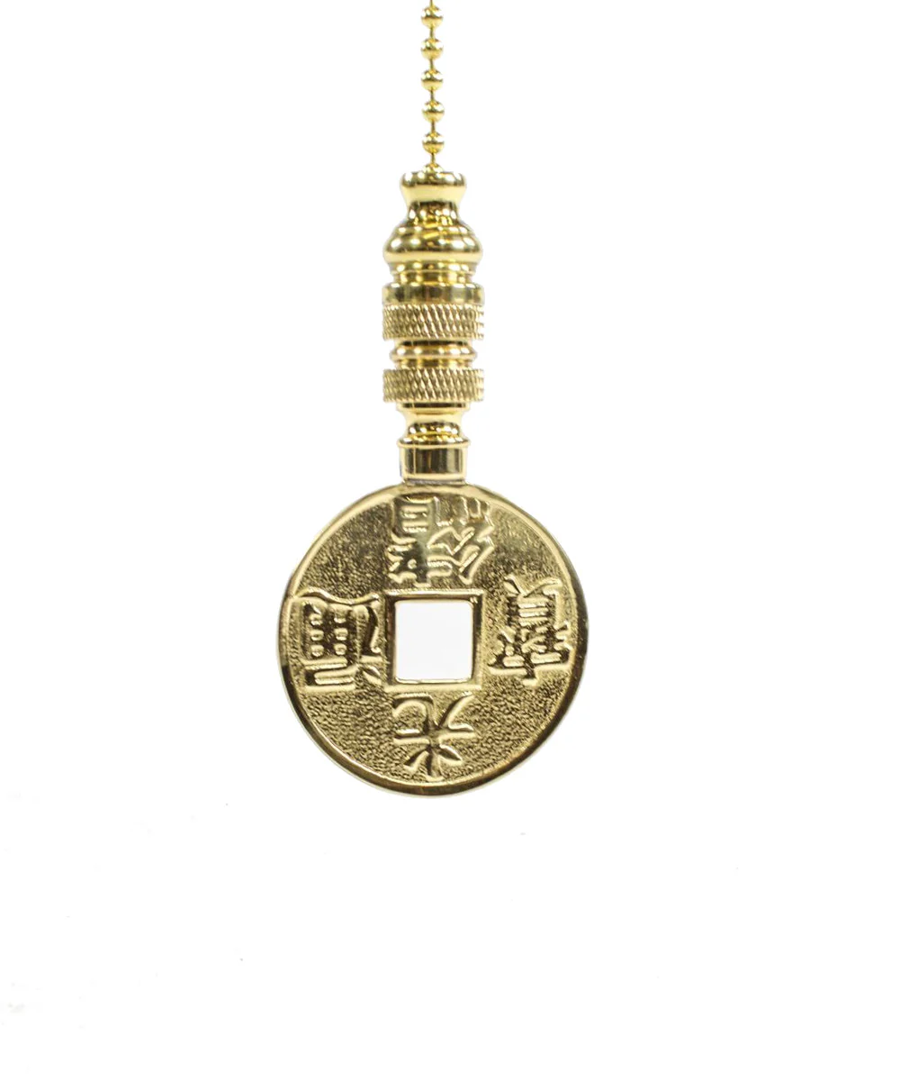 1"W Polished Brass Asian Mysterious East Chinese Coin Fan Pull with Polished Brass Chain