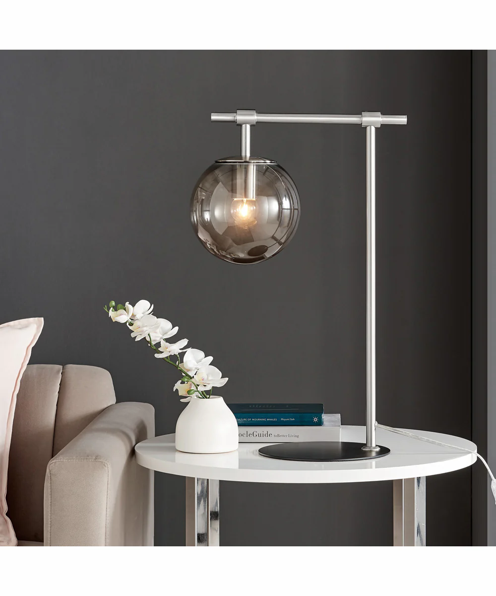 Lencho 1-Light Table Lamp Brushed Nickel/Smoke Glass Shade - Image 3