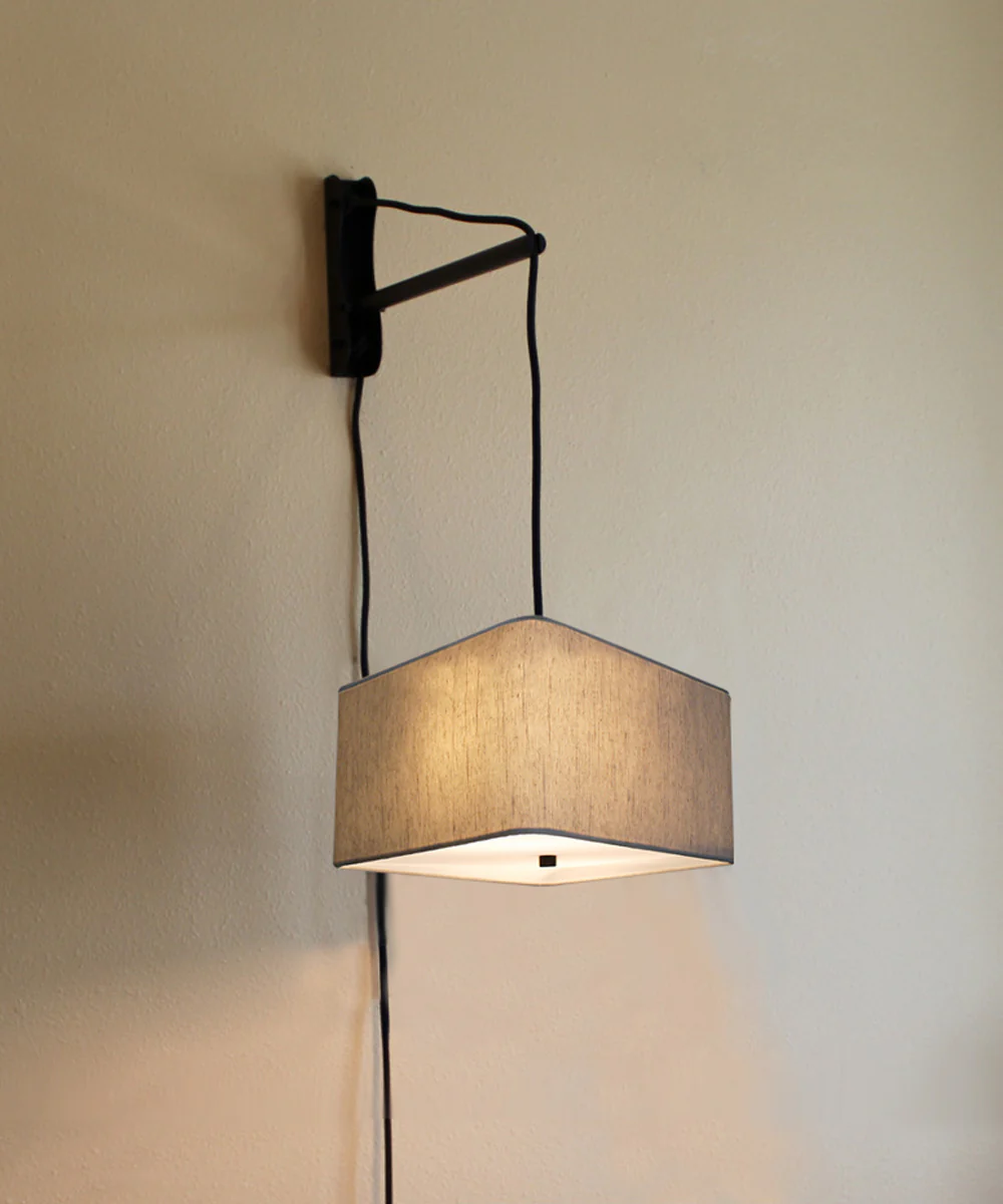 MAST Plug In Wall Mount Pendant, 2 Light Black Cord/Arm with Diffuser, Rounded Corner Square Oatmeal Drum Shade, 12"W - Image 2