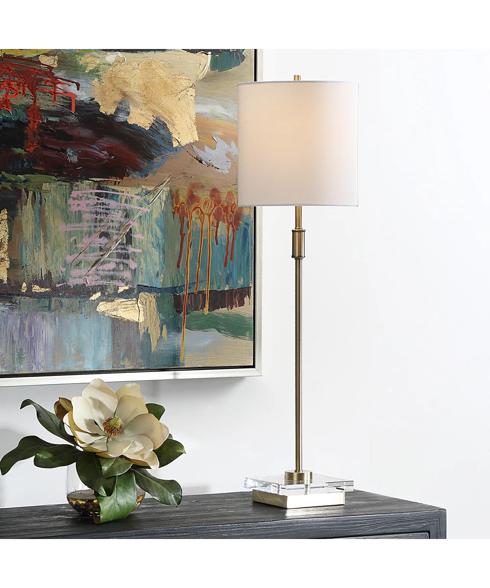 Metal Buffet Lamp in Antique Brass with White Linen - Image 2