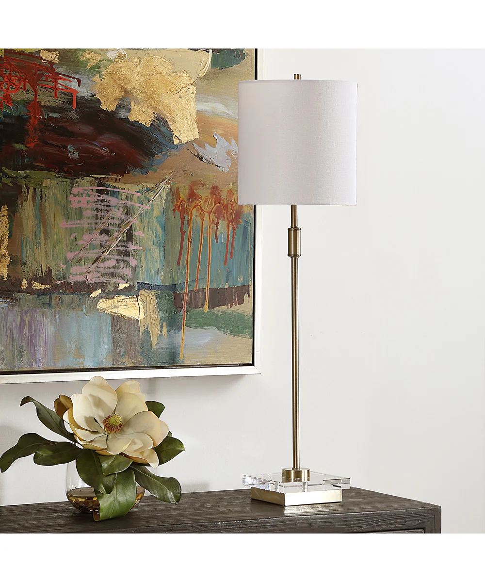 Metal Buffet Lamp in Antique Brass with White Linen - Image 3