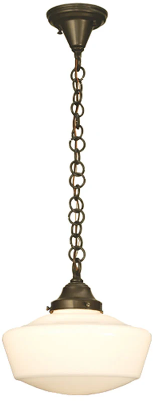 12"W Schoolhouse with Traditional Globe 1-Light Pendant Craftsman Brown in Opal White