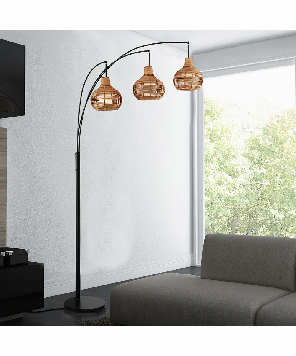 Paige 3-Light 3-Light Arc Lamp Black/Outer Rattan&Inner Fabric Shade - Image 3