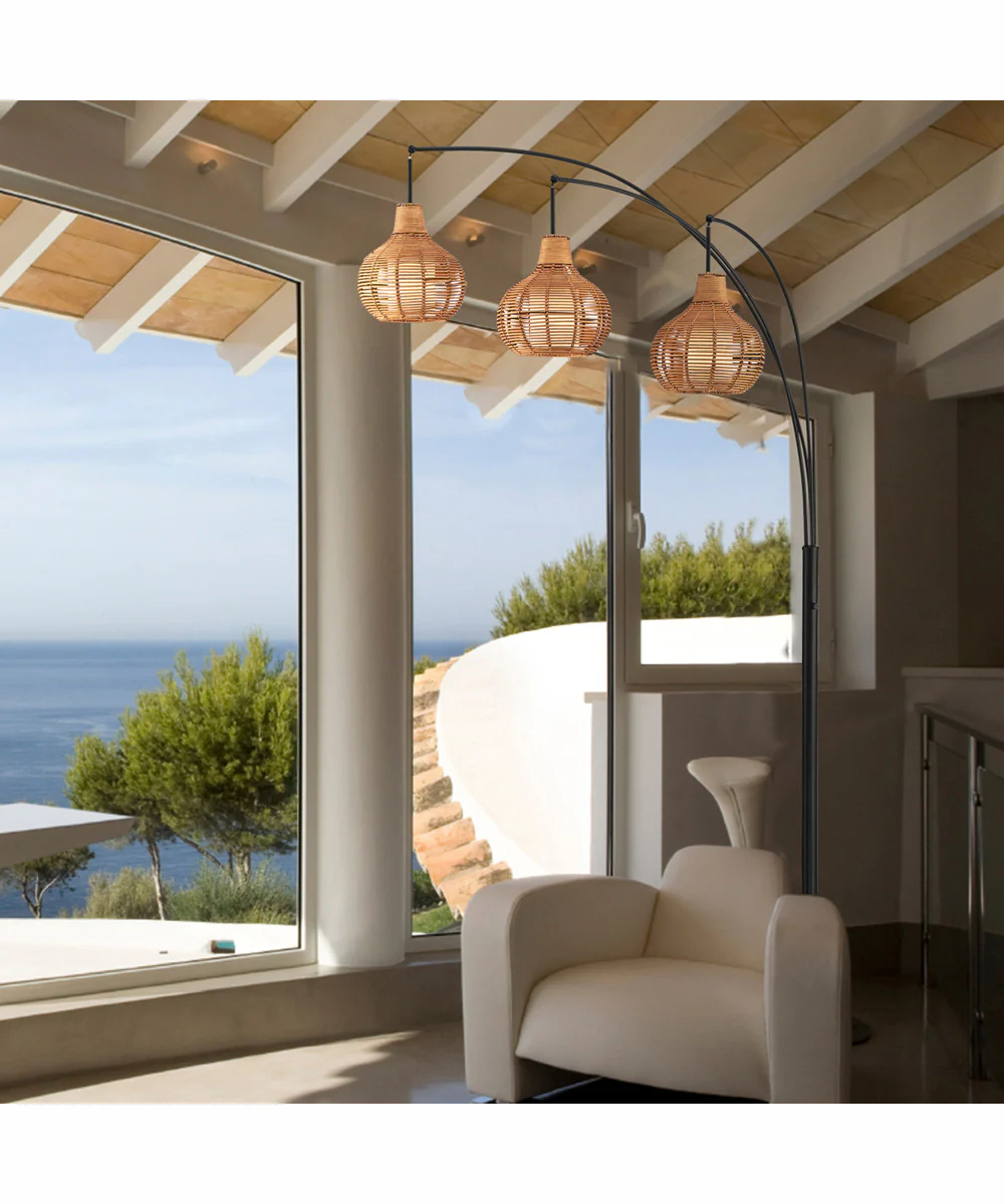 Paige 3-Light 3-Light Arc Lamp Black/Outer Rattan&Inner Fabric Shade - Image 4