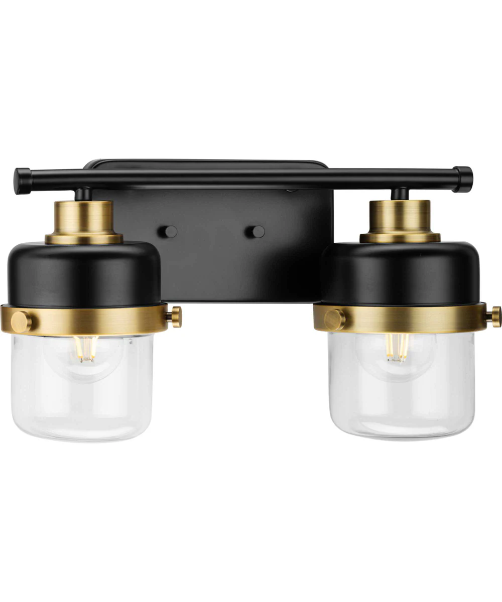 Beckner 2-Light Clear Glass Urban Industrial Bath Light with Vintage Brass Accents Matte Black