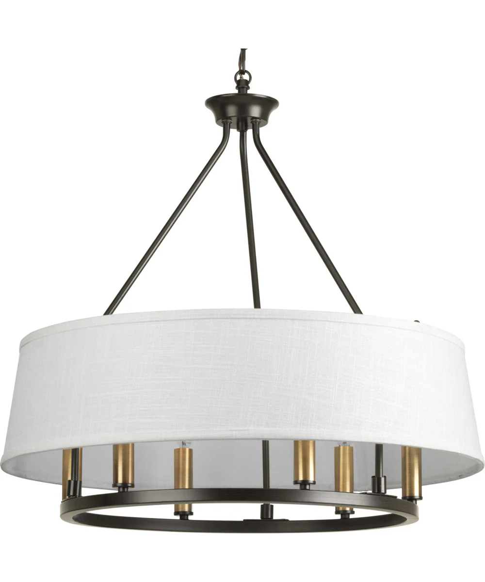 Cherish 6-Light White Linen Shade Coastal Chandelier Light Antique Bronze