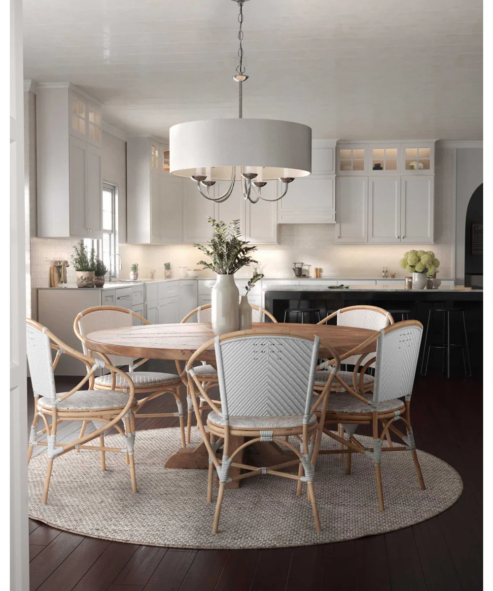 Drum Shade 5-Light White Textured Linen Shade Farmhouse Chandelier Light Brushed Nickel - Image 2
