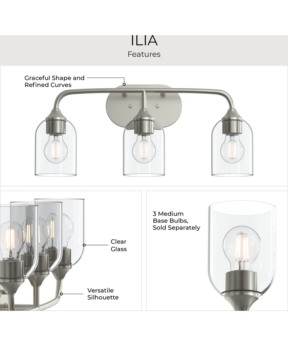 Ilia 3-Light Bath Vanity with Clear Glass Shade Brushed Nickel - Image 8