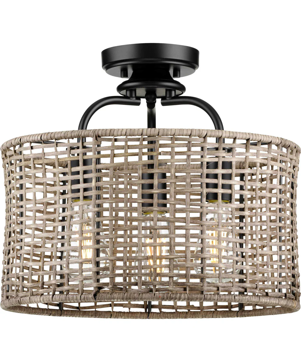Lavelle 3-Light Mocha finish Rattan Convertible Semi-Flush Ceiling or Hanging Pendant Light Matte Black