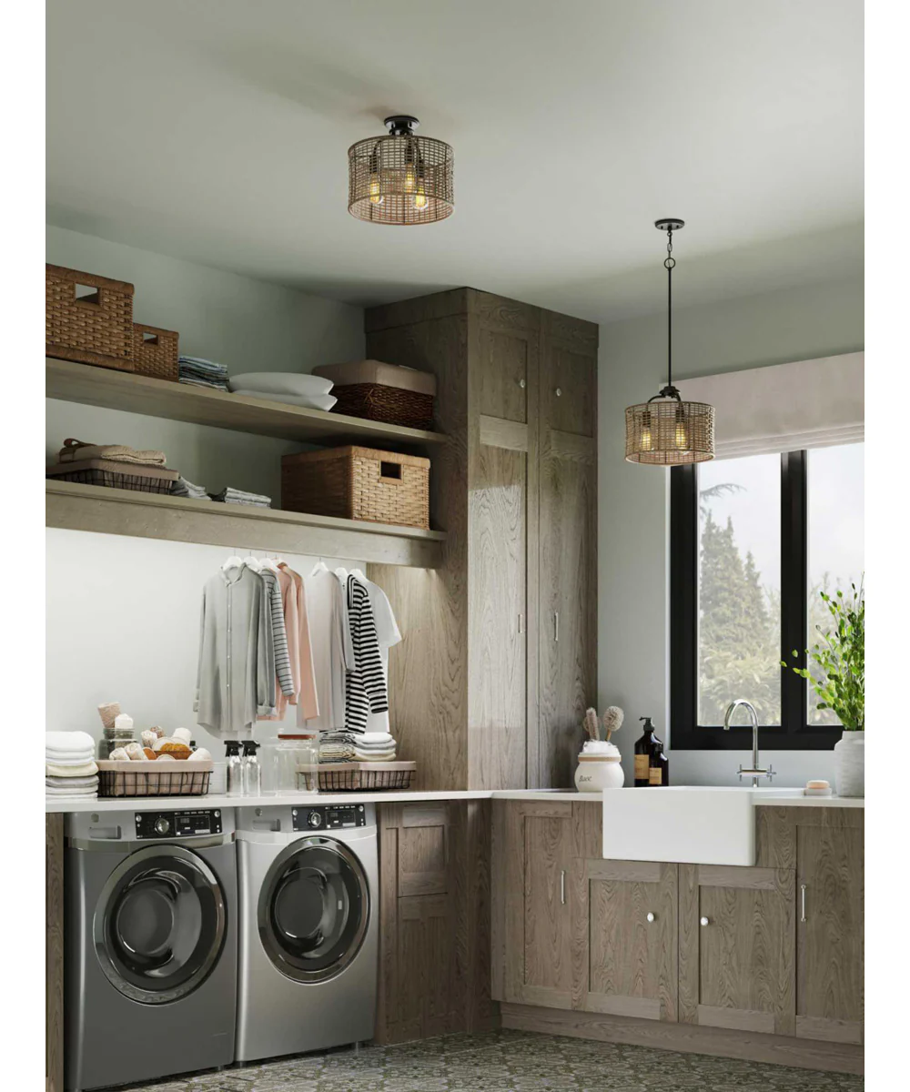 Lavelle 3-Light Mocha finish Rattan Convertible Semi-Flush Ceiling or Hanging Pendant Light Matte Black - Image 5
