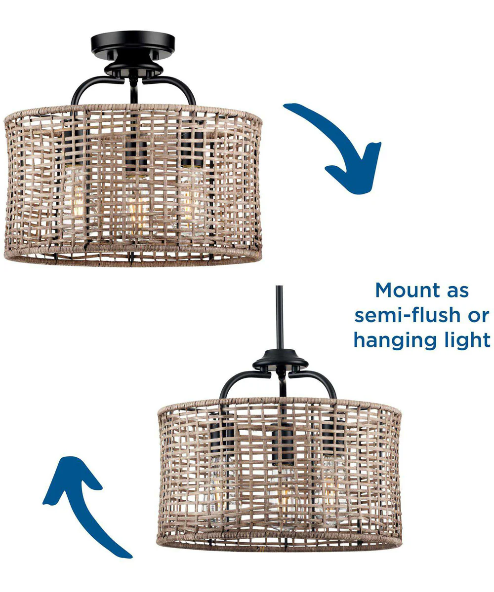 Lavelle 3-Light Mocha finish Rattan Convertible Semi-Flush Ceiling or Hanging Pendant Light Matte Black - Image 8