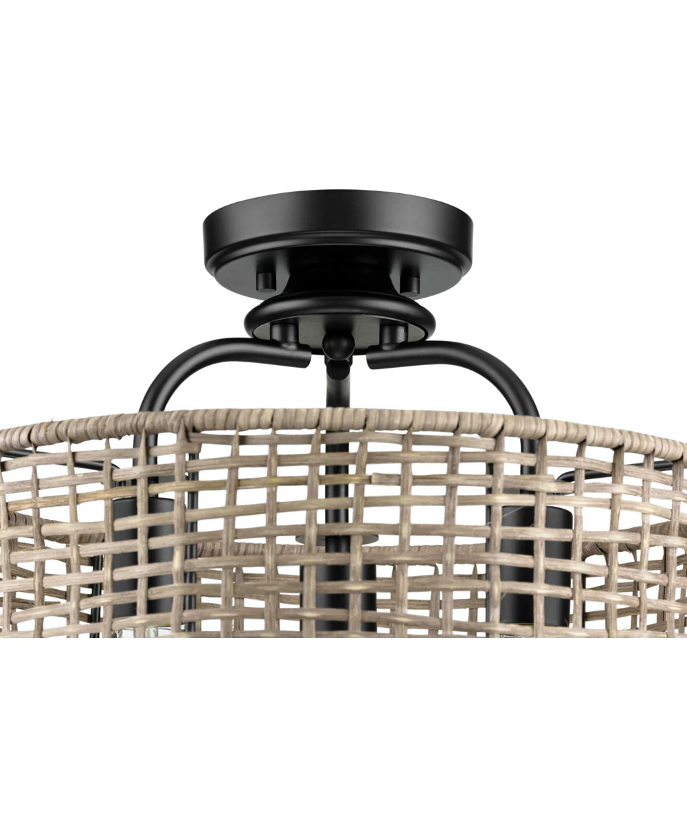Lavelle 3-Light Mocha finish Rattan Convertible Semi-Flush Ceiling or Hanging Pendant Light Matte Black - Image 9