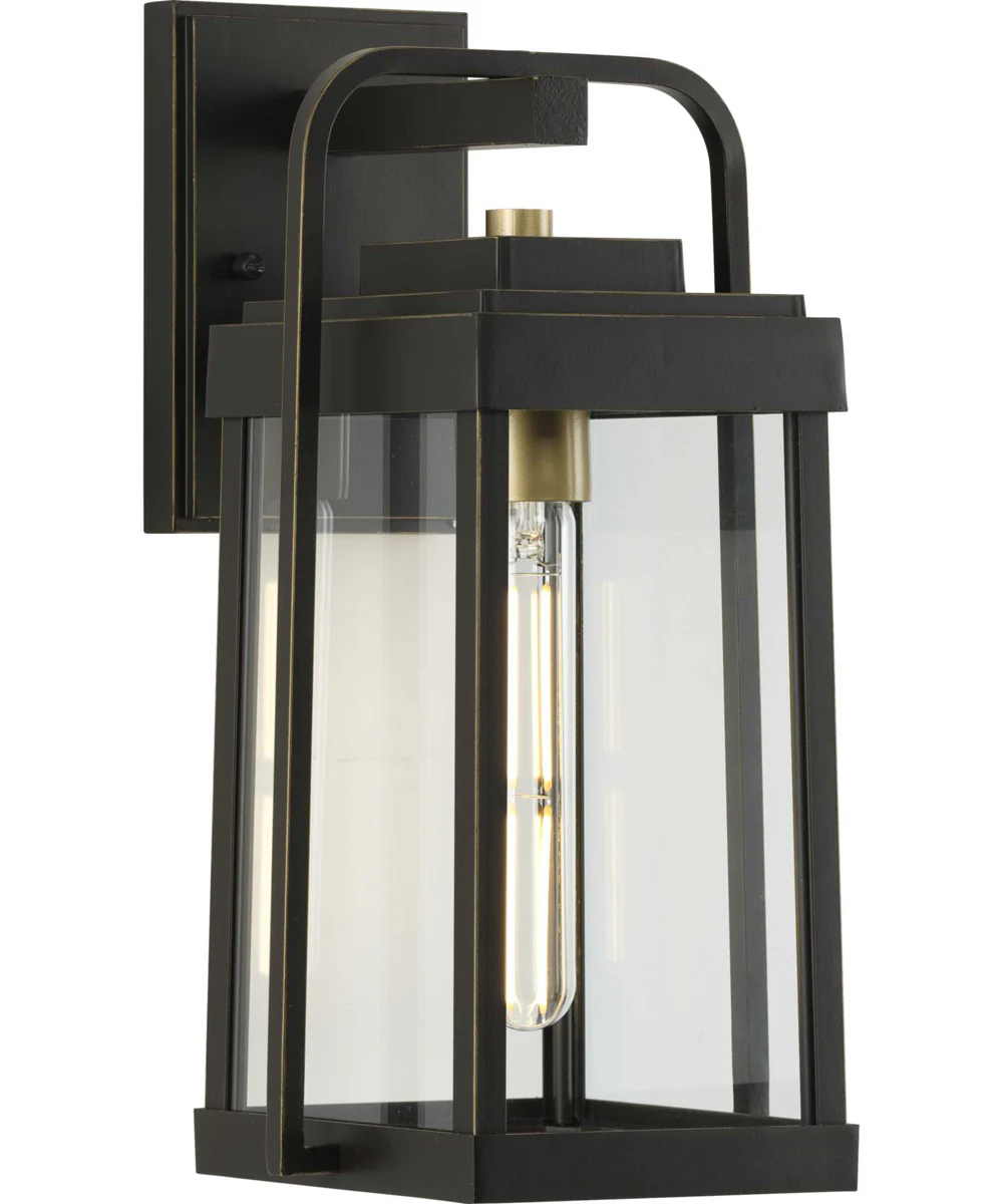Walcott 1-Light with Brasstone Accents Clear Glass Transitional Outdoor Wall Lantern Light Antique Bronze