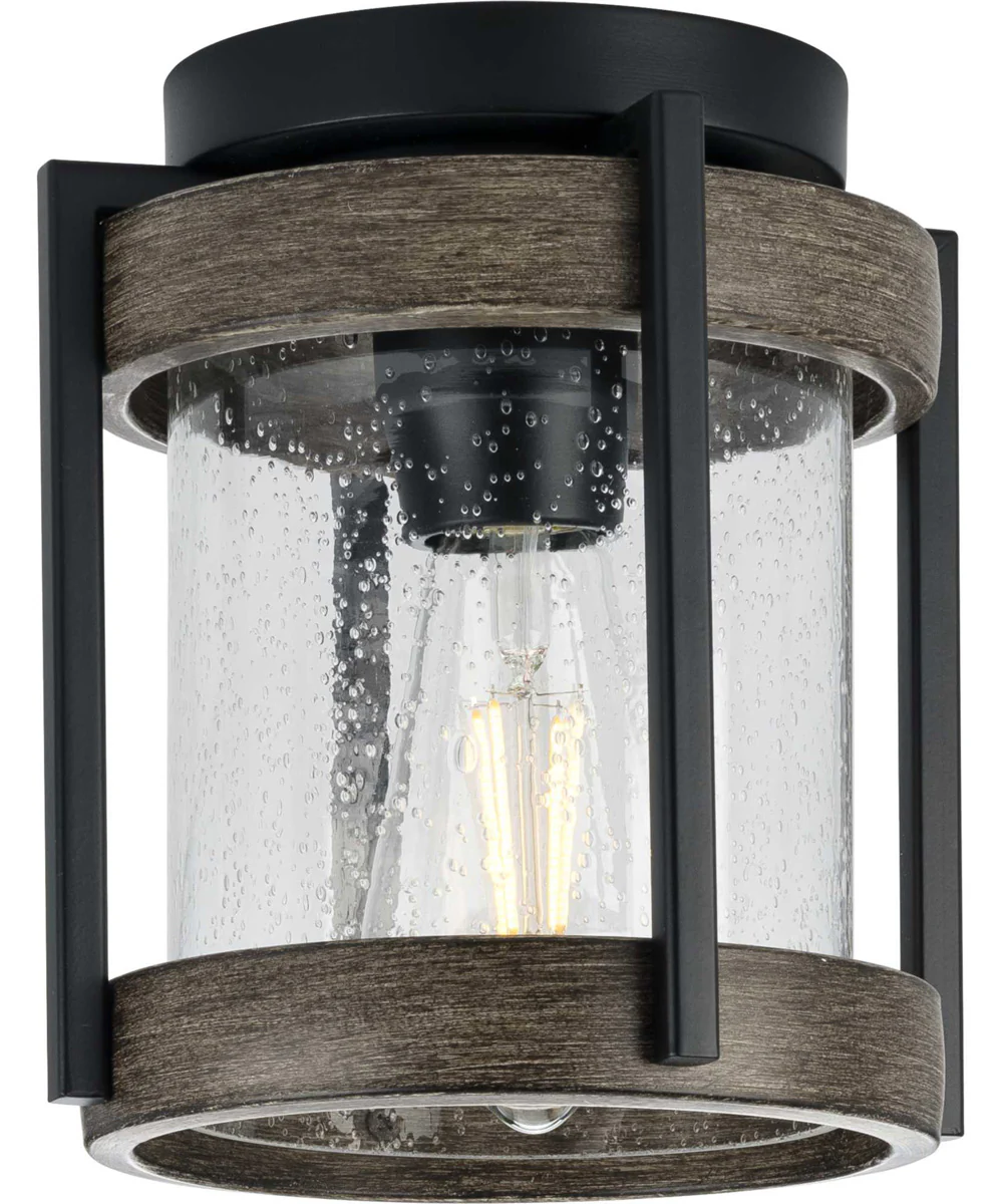 Whitmire 1-Light with Aged Oak Accents Clear Seeded Glass Farmhouse Outdoor Ceiling Mount Light Matte Black