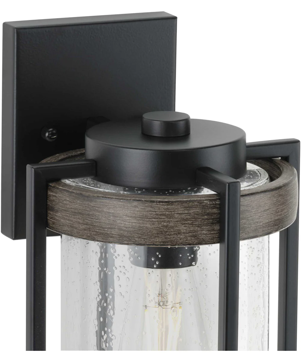 Whitmire  1-Light with Aged Oak Accents Clear Seeded Glass Farmhouse Outdoor Wall Lantern Light Matte Black - Image 5