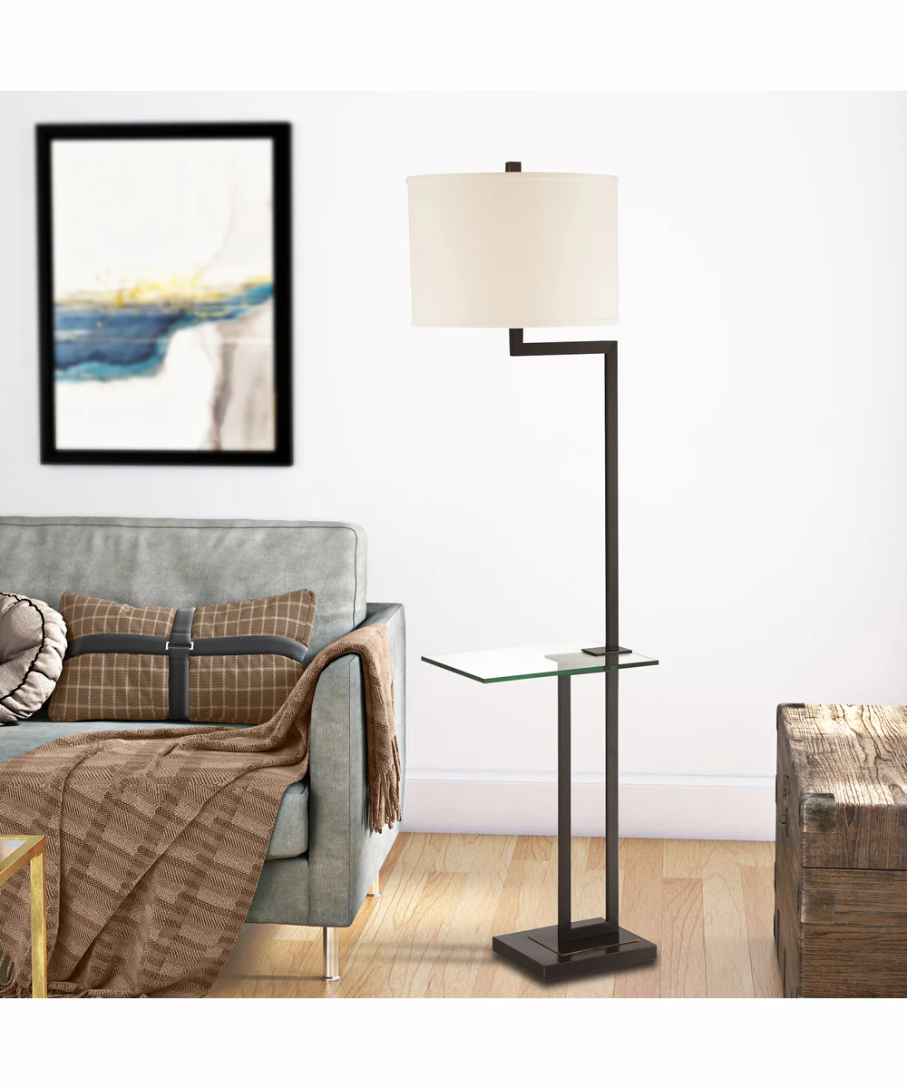 Rudko 1-Light Floor Lamp With Glass Table D.Bronze/Linen Shade - Image 3