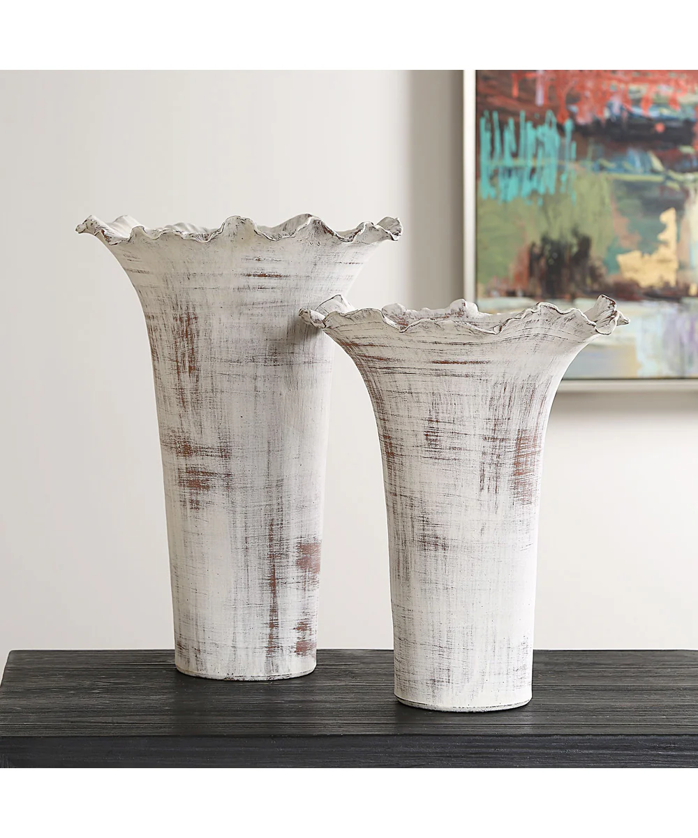 Ruffled Petal White Vases Set of 2 - Image 2