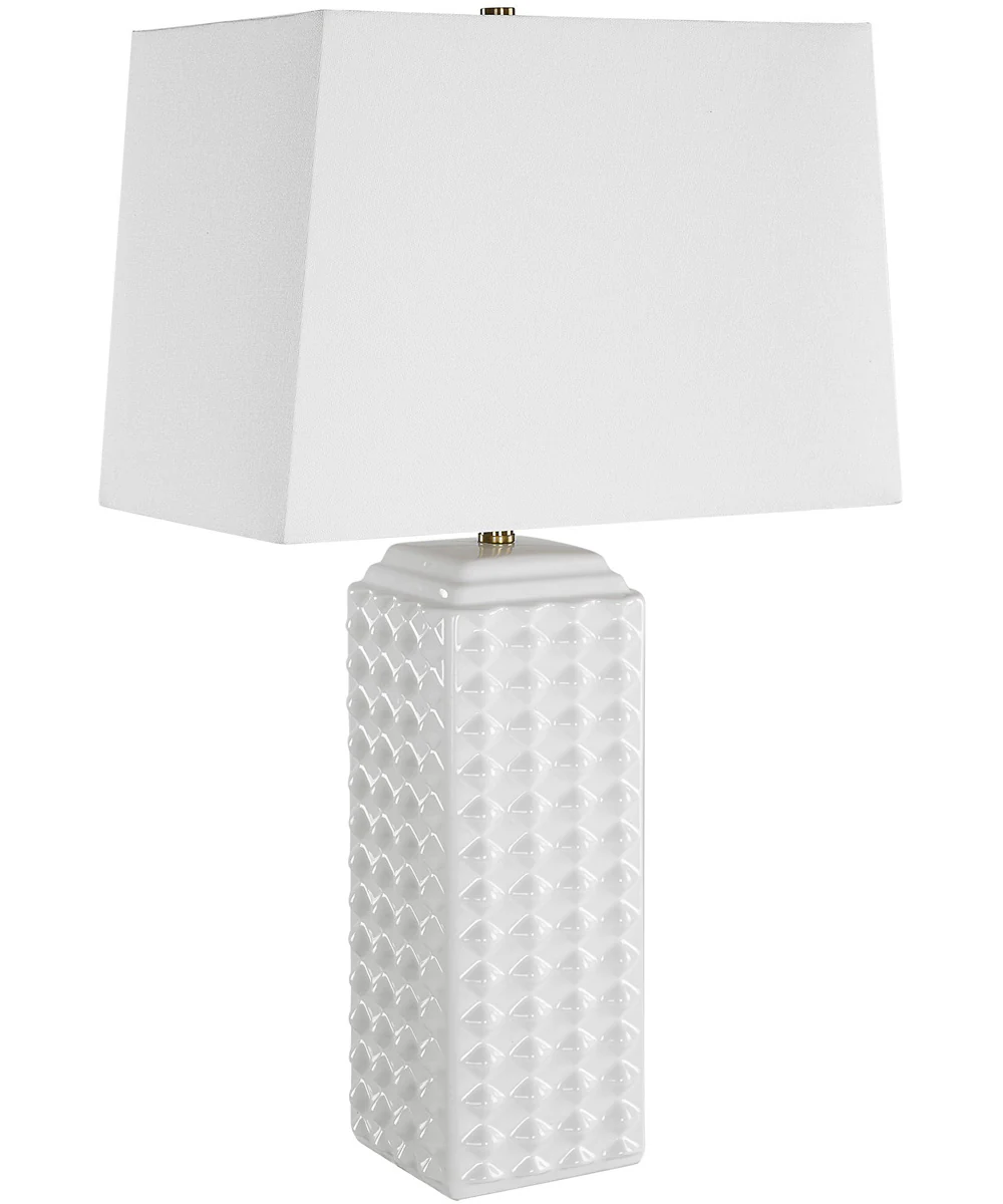 Square Ceramic Table Lamp with Diamond Knobs and White Linen - Image 4