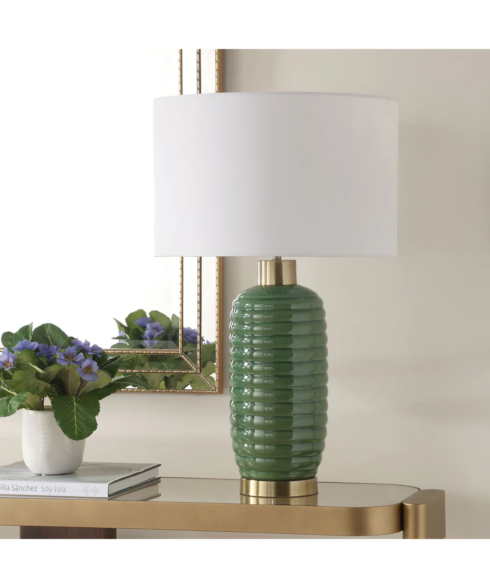 Table Lamp Ceramic in Olive Green with Antique Brass Accents - Image 3