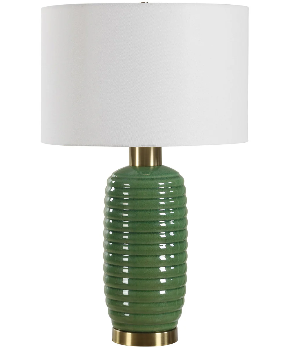 Table Lamp Ceramic in Olive Green with Antique Brass Accents - Image 4