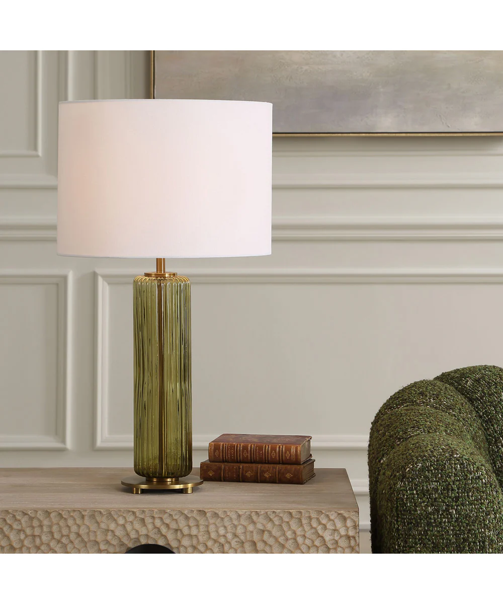Table Lamp with Transparent Olive Green Glsas and Brass Plated Accents - Image 2