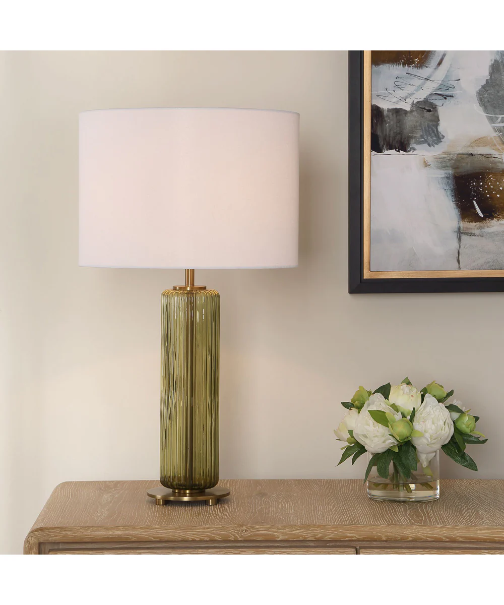 Table Lamp with Transparent Olive Green Glsas and Brass Plated Accents - Image 3