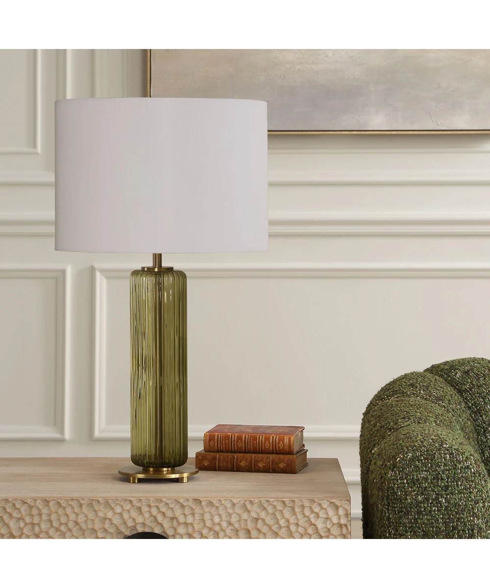 Table Lamp with Transparent Olive Green Glsas and Brass Plated Accents - Image 4