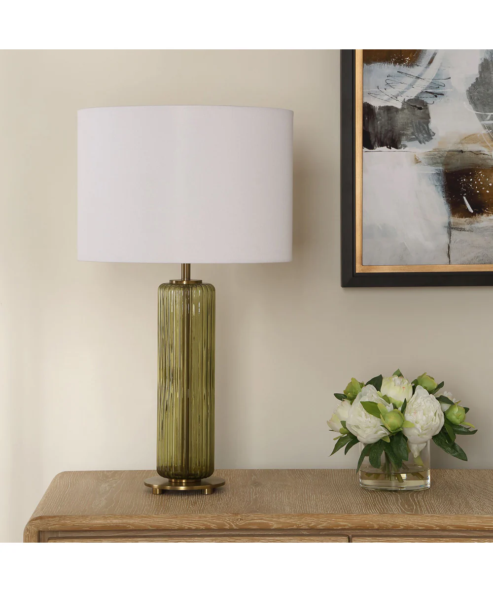 Table Lamp with Transparent Olive Green Glsas and Brass Plated Accents - Image 5